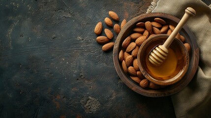 Rustic almonds and honey setup invoking a sense of natural sweetness and tradition