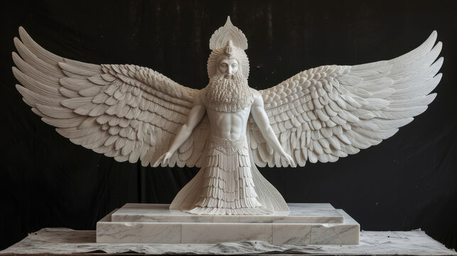 An imposing and regal figure with fiery wings representing the avenging angels in Zoroastrianism.