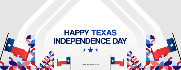 Obraz premium Texas Independence Day banner in colorful modern geometric style. Happy national independence day greeting card cover with typography. Vector illustration for national holiday celebration party