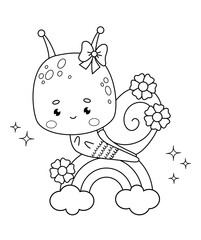 Cute cartoon snail. Funny outline insect character on rainbow. Line drawing, coloring book. Kids collection. Vector illustration.