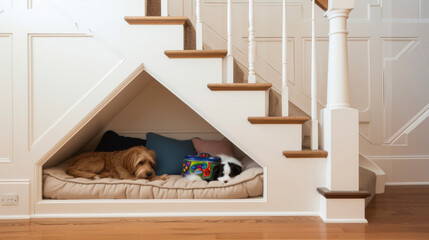 Fototapeta na wymiar A creative use of underthestairs space turned into a personalized dog den complete with a soft bed and toy storage.