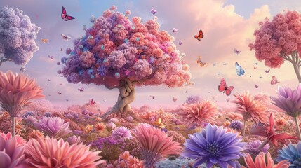 Fototapeta na wymiar Step into a Dream - A Surreal Landscape of Nature's Fantasy, Where a Lone Tree Stands Amidst Towering Blooms, Whimsical Butterflies Fluttering in Harmony, All Bathed in Soft Pastel Hues