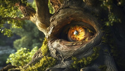 Surrealism in the Forest - An Eye Embedded in a Tree, A Vision of Nature's Mystical and Magical Perception