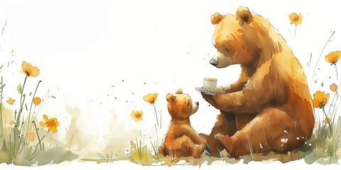 Watercolor weekend of parent with kid in the sunny forest. Toy bear family picnic on the flower lawn. Lovely cartoon lunch painting.
 - obrazy, fototapety, plakaty
