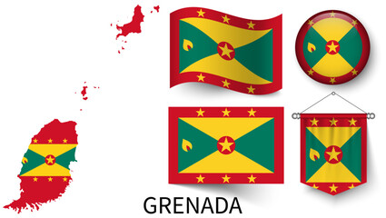 The various patterns of the Grenada national flags and the map of Grenada's borders - obrazy, fototapety, plakaty