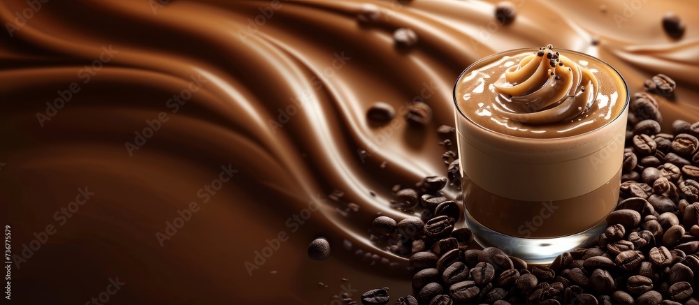 Sticker a glass of coffee with whipped cream and coffee beans on a chocolate background . High quality