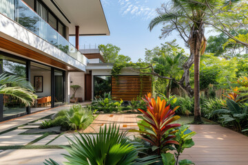 a modern house with many tropical plants and a mini pool - obrazy, fototapety, plakaty