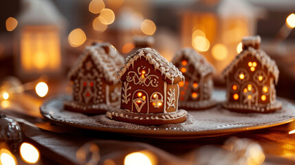 These bitesized gingerbread houses are almost too e to eat. Each one is crafted with intricate details and p on a plate evoking thoughts of cozy winter nights by the fire. - obrazy, fototapety, plakaty