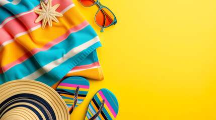 Beach accessories - sunglasses, flip flops, towel, hat - yellow background.