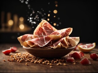 Prosciutto di Parma Italian natural cured ham, cinematic food photography, studio lighting and background  - obrazy, fototapety, plakaty