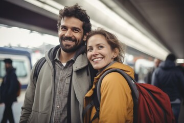 Fototapeta na wymiar Smiling couple ready for a journey at train station