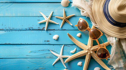 Hat, sunglasses and seashells on blue wooden background, flat lay - top view