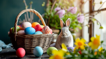 Easter colorful eggs in a wicker basket and a bunny on a wooden table