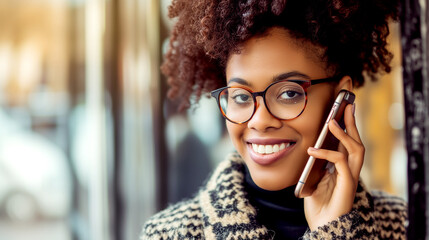 African American young woman talking on cell phone.