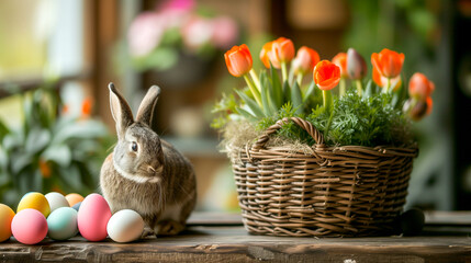 Easter colorful eggs in a wicker basket and a bunny on a wooden table - obrazy, fototapety, plakaty