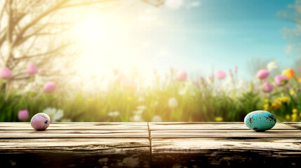 wooden table with colorful Easter eggs, spring sunny morning