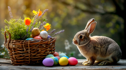 Easter colorful eggs in a wicker basket and a bunny on a wooden table