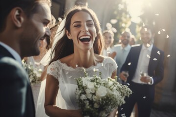 Joyful bride laughing with guests at a wedding celebration