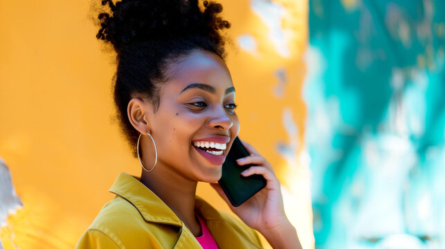 African American young woman talking on cell phone.