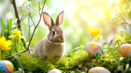 Easter colorful eggs in a wicker basket and a bunny on a wooden table