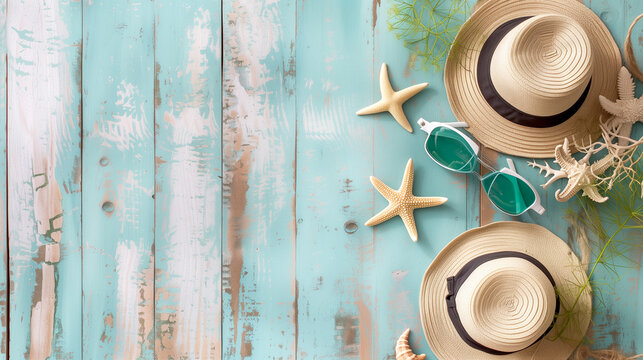 Hat, sunglasses and seashells on blue wooden background, flat lay - top view