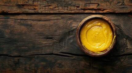 Gourmet culinary delight of smooth golden mustard sauce in rustic setting