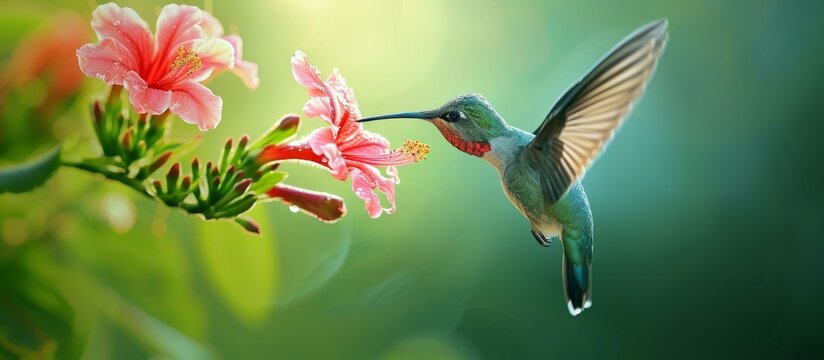 a hummingbird is drinking nectar from a pink flower . High quality