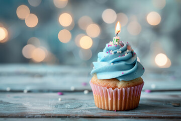 Colorful Birthday Cupcake with Sprinkles and Bokeh. A delightful cupcake with colorful frosting and sprinkles captures the essence of a birthday party, complemented by glowing bokeh lights.