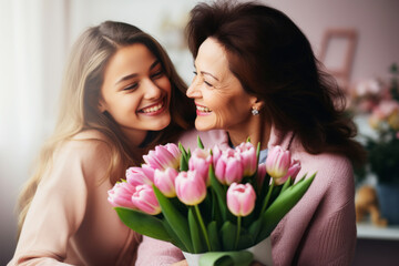 Generational Bonding with a Bouquet of Tulips. A heartwarming moment as a grandmother and granddaughter share a smile, with a beautiful bouquet of tulips symbolizing their bond.