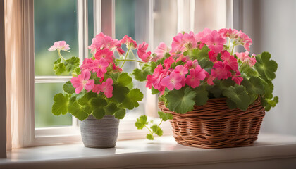 Two Bouquet Geranium flowers in wicker basket near window.