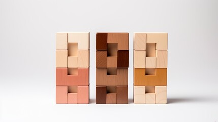 Arrangement of 3 wooden blocks on a white background. Conceptual image.