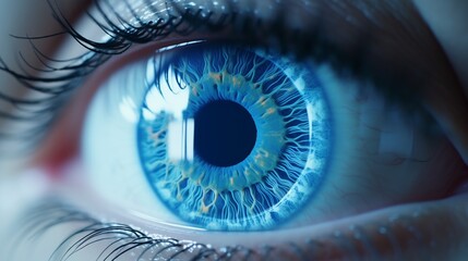 close up view of human eye with blue iris.