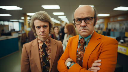 Eccentric and quirky office workers with serious expressions - awkward - idiosyncratic - uncomfortable - quirky charm - retro vibe - vintage feel - 1970’s style - business 