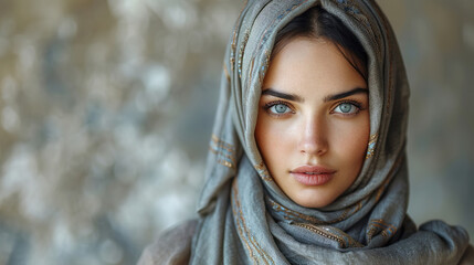 A beautiful Muslim woman with a covered head in a hijab in gray clothes on a neutral background. Place for copy space.