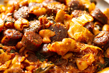 Spicy stir-fried sundae, Korean food 
