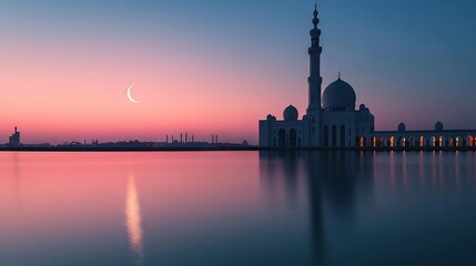 Evening sky with crescent moon over mosque silhouette, peaceful Islamic scene