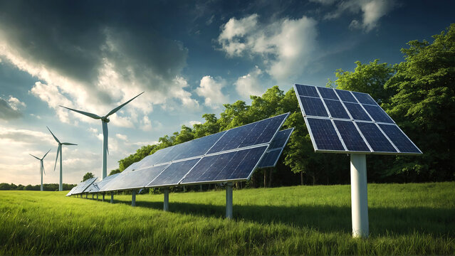 Solar farm, green energy conservation, solar panels and a windmill, reusable energy