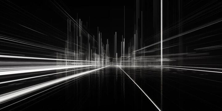 White neon lines abstract, Streaming energy on a black background.
