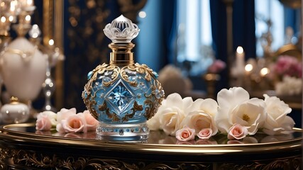 Fototapeta na wymiar A unique and diverse perfume bottle, adorned with intricate floral designs and sparkling jewels, sitting on a luxurious vanity table in a grand ballroom.