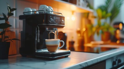 A freshly brewed cup of latte on a marble countertop from a sleek coffee machine - obrazy, fototapety, plakaty