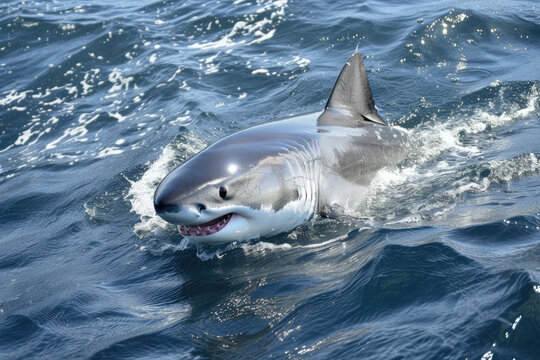 a white shark swimming on the ocean