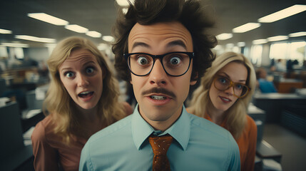 Eccentric and quirky office workers trying to force a smile - awkward - idiosyncratic - uncomfortable - quirky charm - retro vibe - vintage feel - 1970’s style - business 