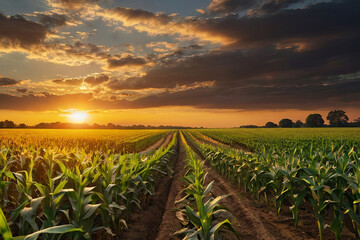 Cornfield at sunset. Capturing the golden hues of dusk in a rustic agricultural landscape. 