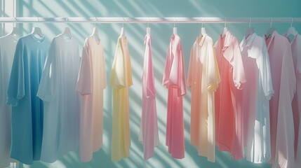 Elegant pastel-colored garments displayed on a minimalist white rack