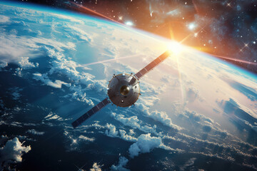 satellite orbiting over the earth, sunrise light