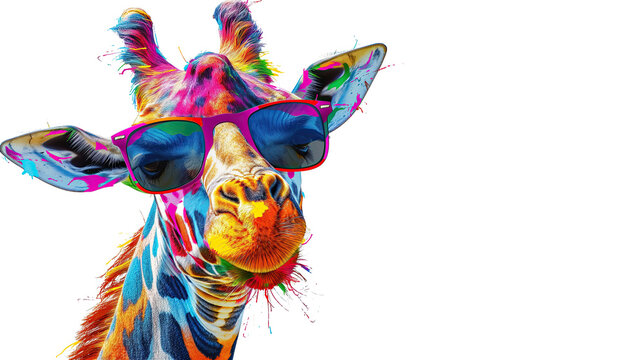 close up of a colorful giraffe wearing sunglasses isolated on white background. pop art