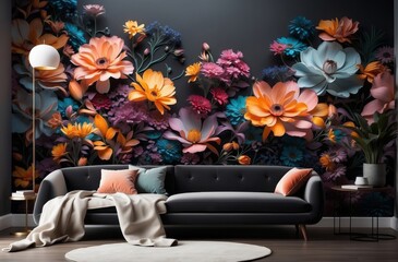 modern luxury living room with black sofa and with 3d colorful floral wallpaper