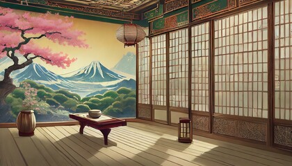 japanese garden with a window, oriental japanese room. 
