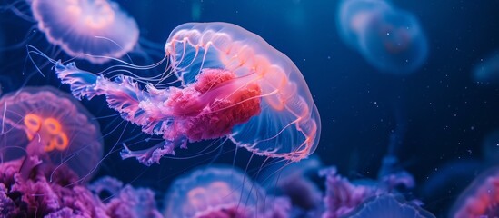 A vibrant group of marine invertebrates, including jellyfish in shades of azure, purple, and violet, gracefully swim in the gasfilled waters, creating a mesmerizing underwater art display