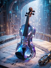 violin made of iridescent crystal playing music, virtual musical note, sheet music, musical poster background, violin floating in mid air